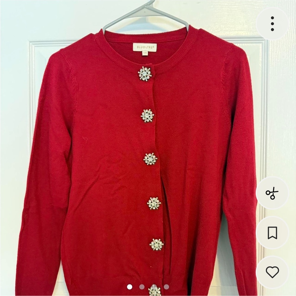 Red Jewel-Button Crewneck Cardigan